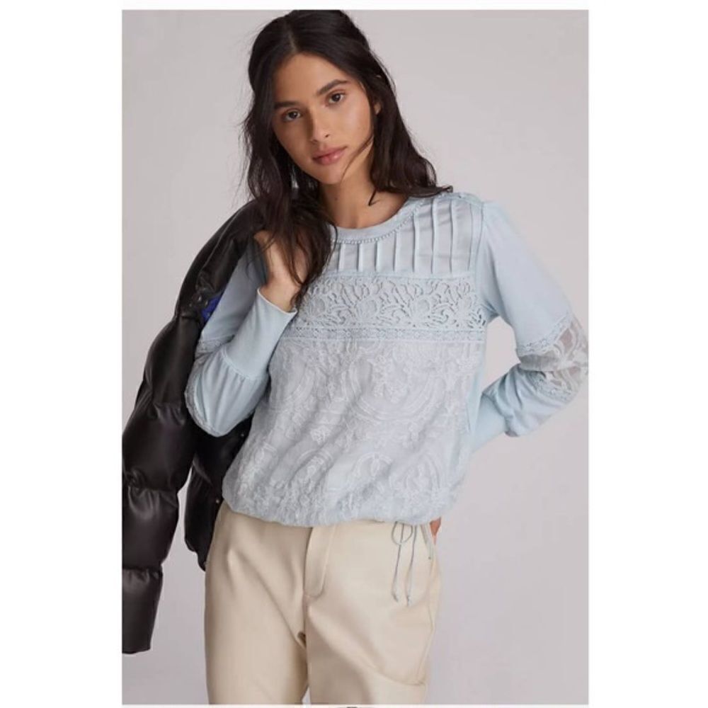 Anthropologie Tiny Blue Lace Top with Button Shoulder Detail